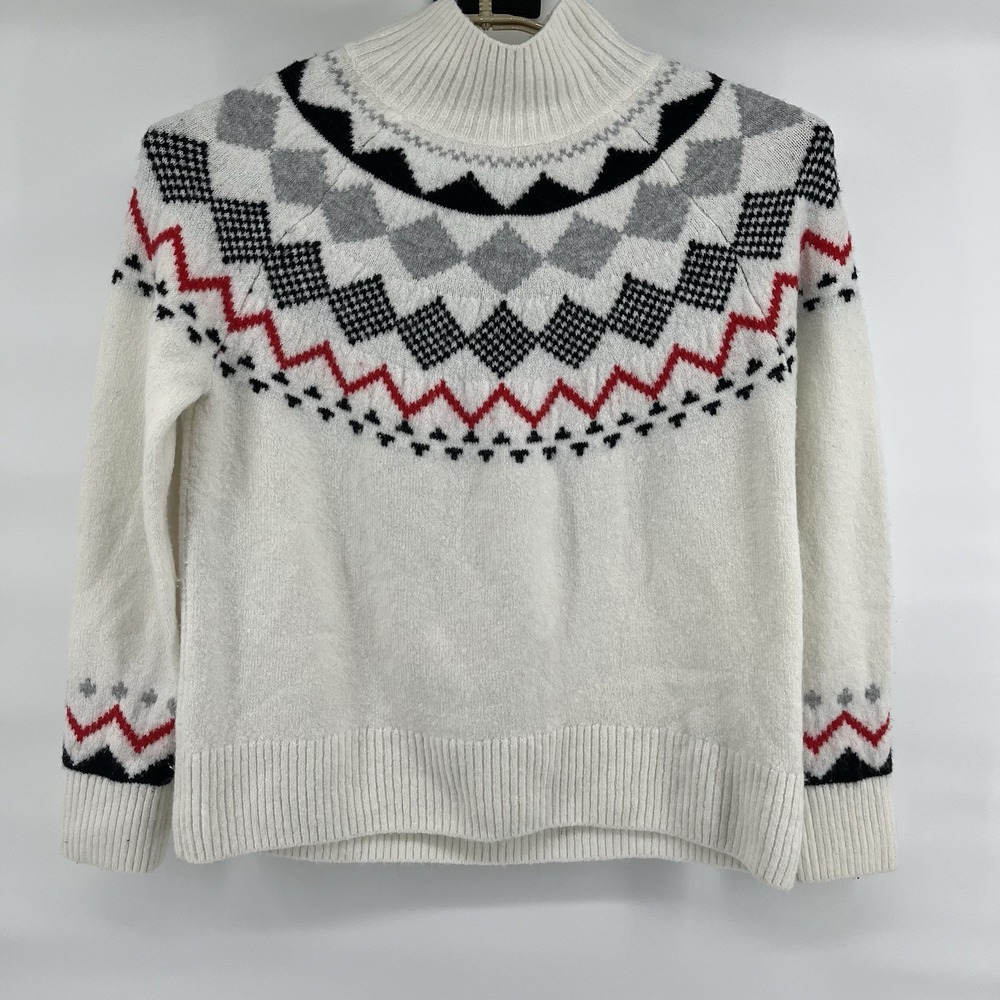 Vince Camuto Women's Size Small Fair Isle Knit Sweater Ivory Black Red Mock Neck